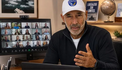 Beto Pandiani conduzindo uma palestra online, com os participantes na tela ao fundo