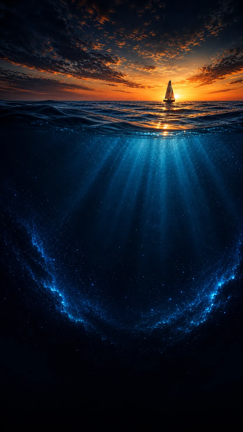 Veleiro no horizonte ao pôr do sol, com a luz atravessando o oceano escuro abaixo da superfície